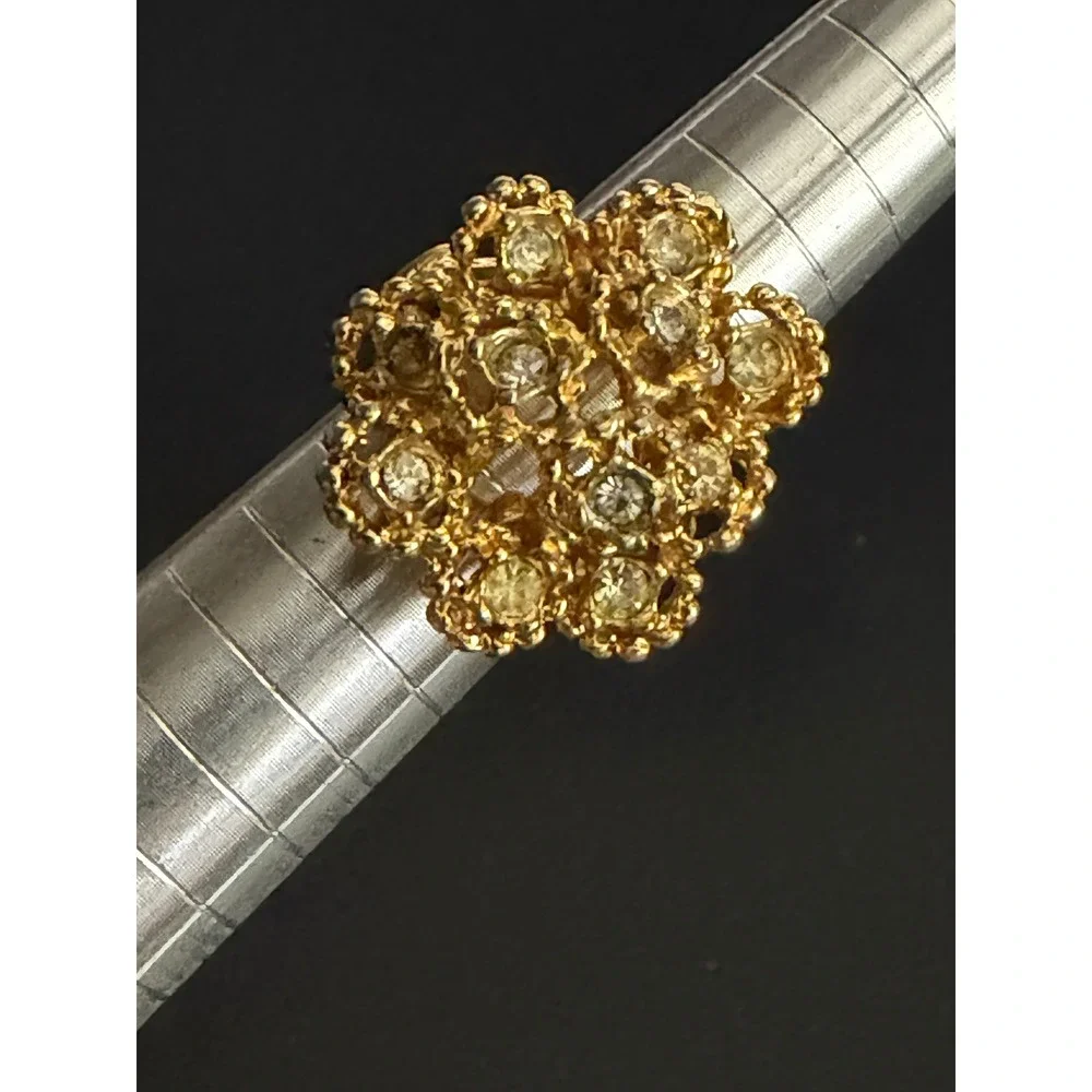Vintage Ring Brutalist Cluster Rhinestone Gold Plated